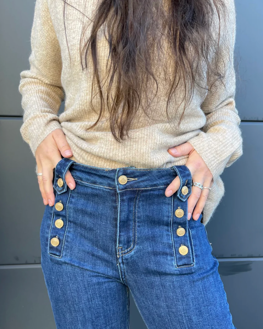 High waist denim bukser med knapper