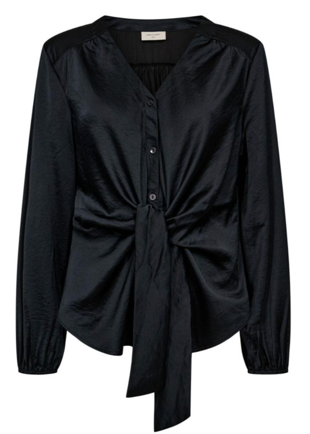 Svart satengbluse med knytedetalj