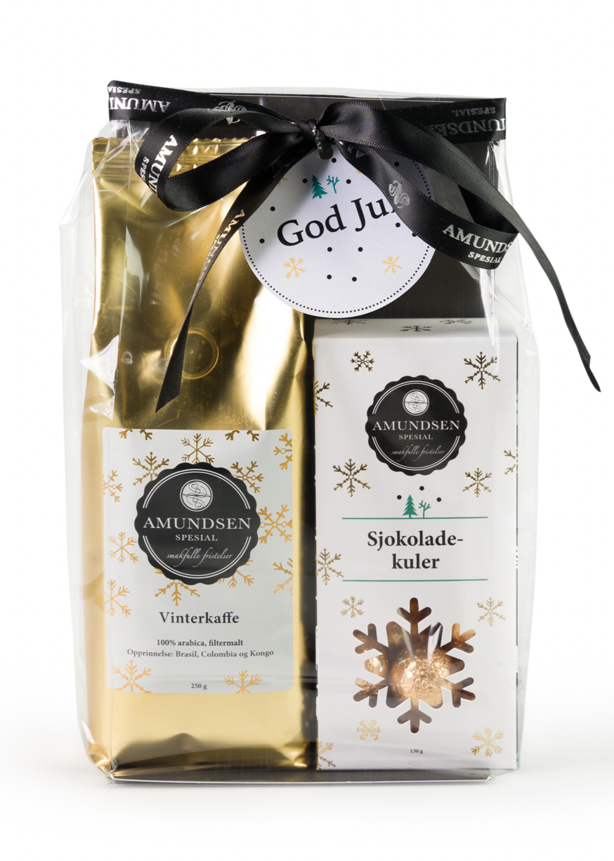 Gavepose med kaffe og sjokoladekuler