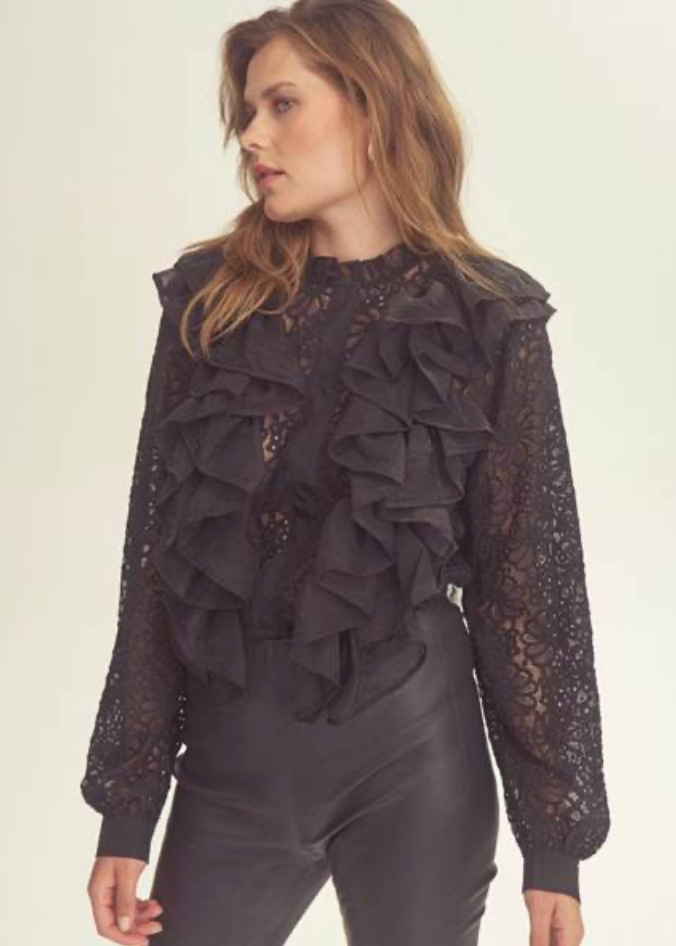 Svart bluse med volangdetaljer