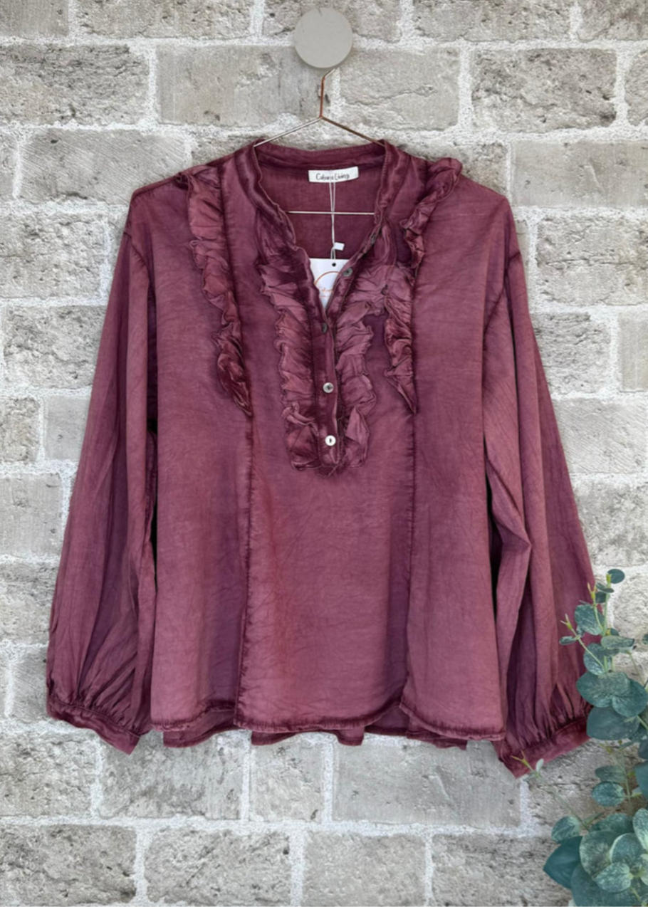 Burgunder bluse med v-hals og knapper