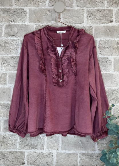 Burgunder bluse med v-hals og knapper