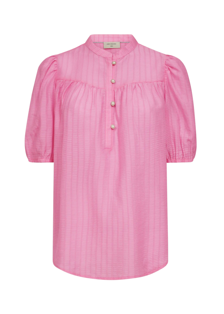 Rosa bluse med korte ballongermer