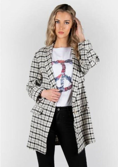 Oversize blazer i sort/hvitt mønster