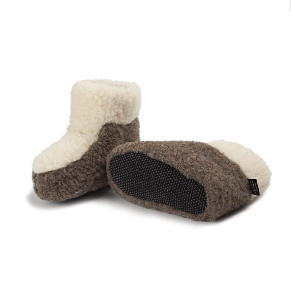 Tøfler brun/kvit i ull med antiskli